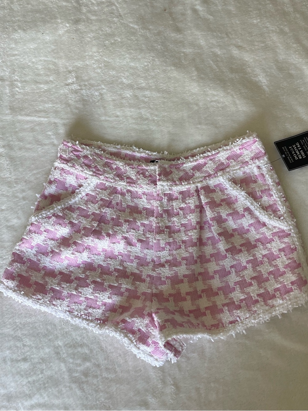 Retrofete Adri Pink & White Houndstooth High-Waist Tweed Shorts